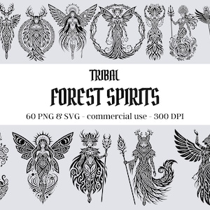 May include: A collection of black and white illustrations depicting tribal forest spirits. The image features figures with wings, antlers, and other natural elements. The text in the centre reads "TRIBAL FOREST SPIRITS".