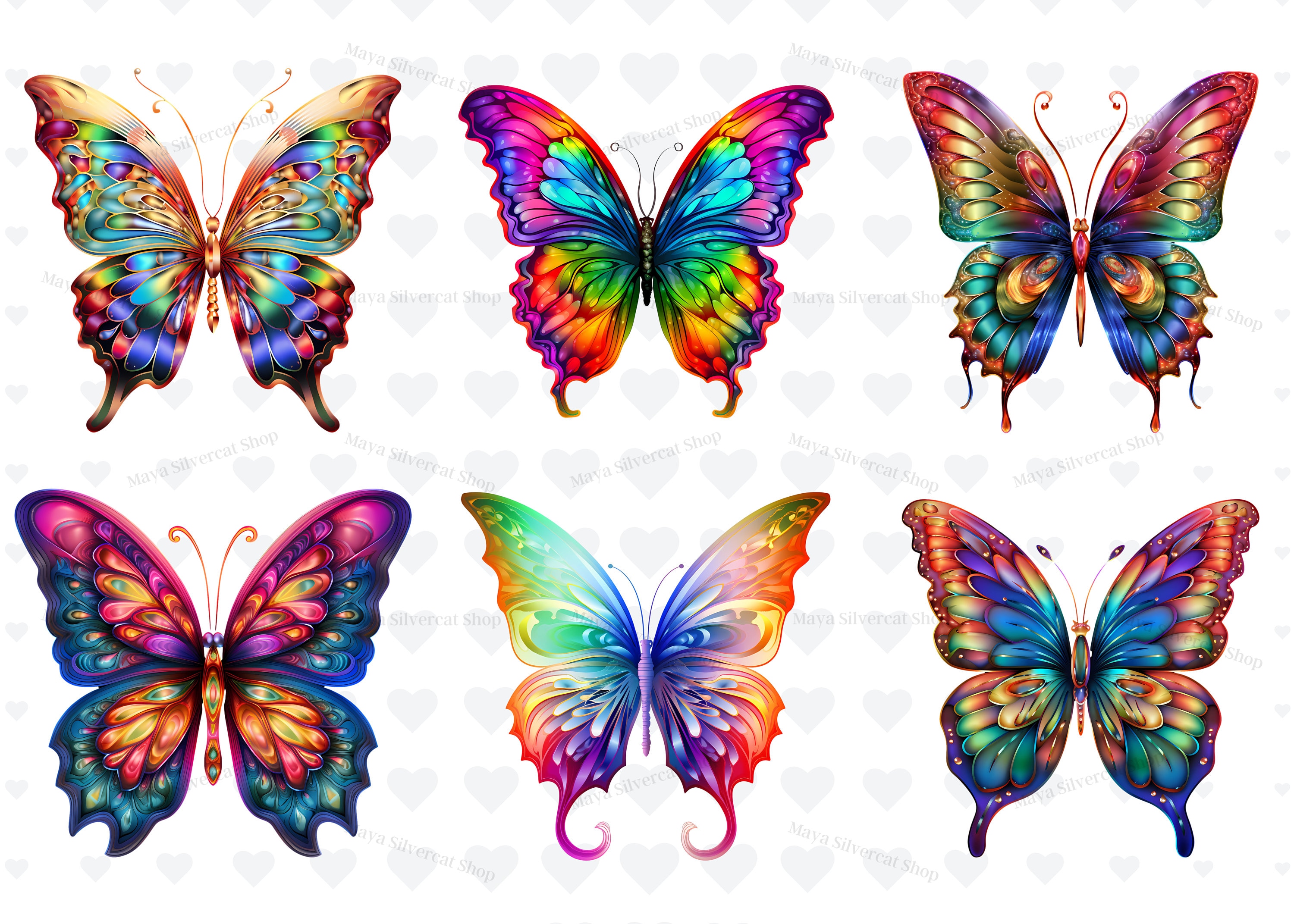 15 Intricate Rainbow Butterflies Clipart Set1 / Instant Download ...
