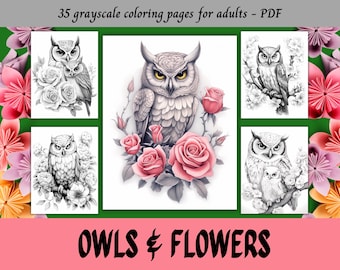 Owls & Flowers Set1, Grayscale Coloring Pages for Adults / 35 Printable Pages / Instant Download / Personal Use