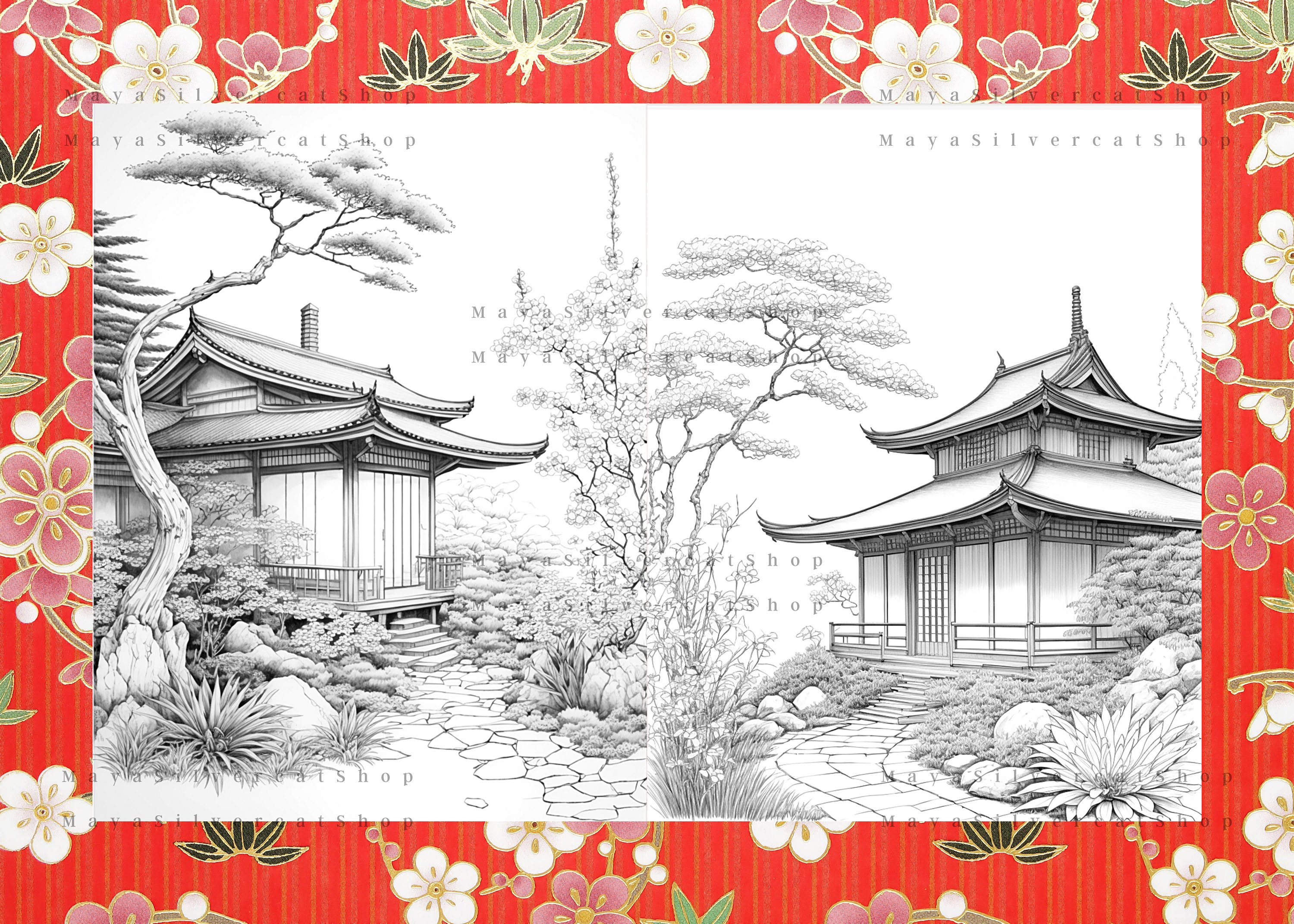 Japanese Houses, Grayscale Coloring Pages for Adults / 26 Printable Pages / Instant Download ...
