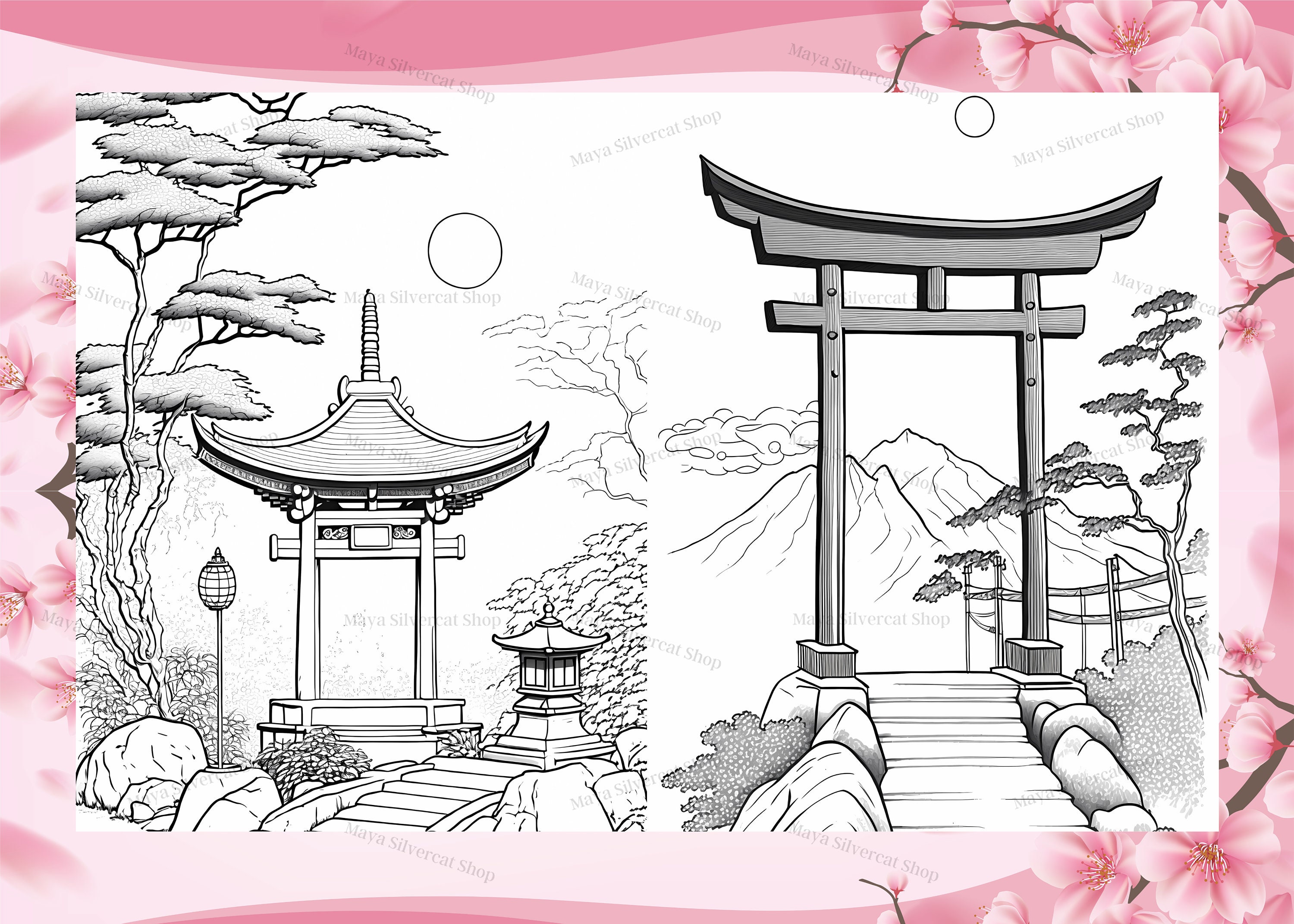 Japanese Gates & Shrines, Coloring Pages for Adults / 25 Printable ...