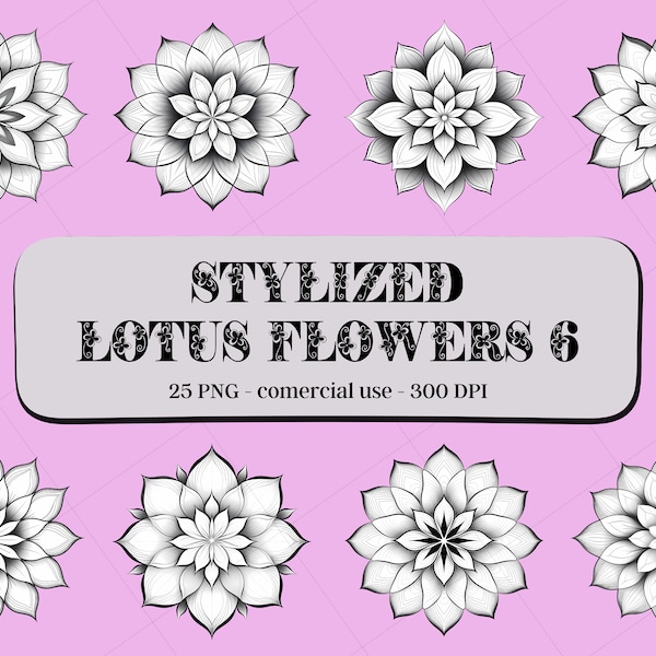 25 Stylized Lotus Flowers Clipart Set6 - Black&White2 / Instant Download / Comercial Use