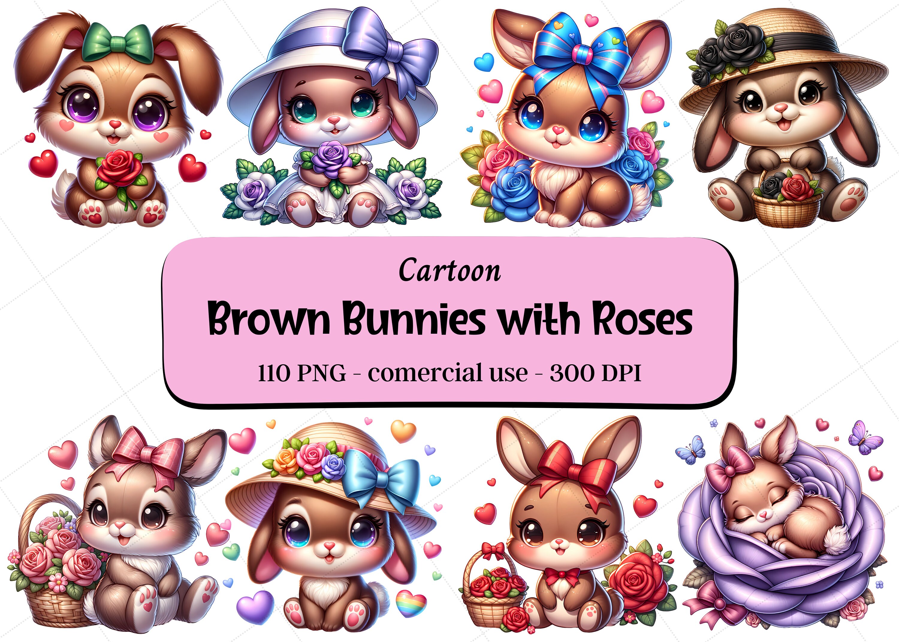 110 Cartoon Brown Bunnies with Roses Clipart, Nursery Clipart/ Instant Download / Commercial Use