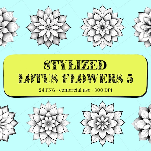 24 Stylized Lotus Flowers Clipart Set5 - Black&White1 / Instant Download / Comercial Use