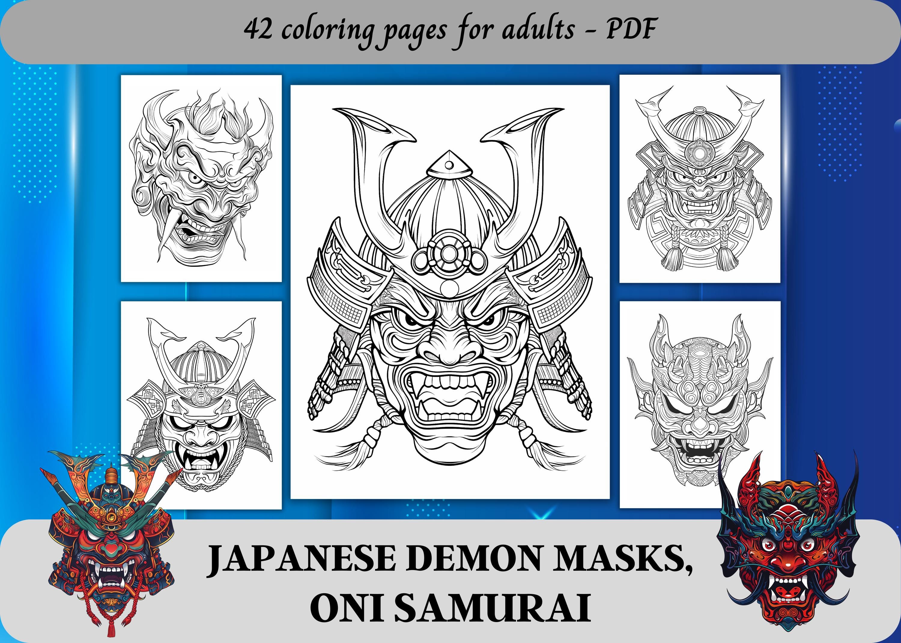 Japanese Demon Masks, Oni Samurai, Coloring Pages for Adults / 42 Printable Pages / Instant Download / Personal Use