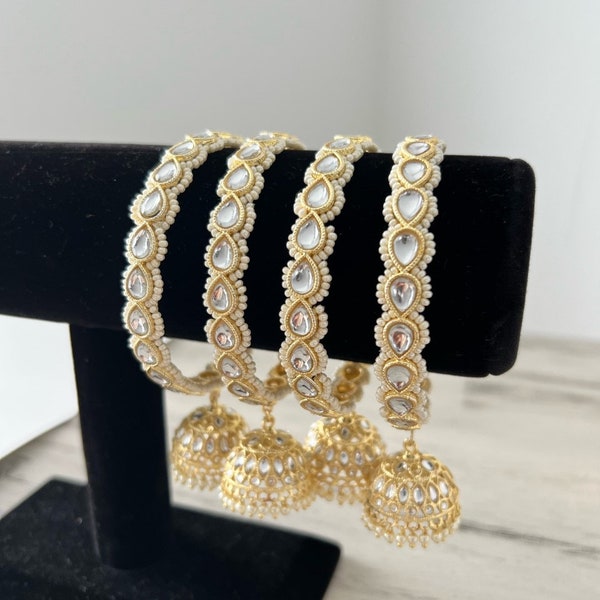 Size 2.8 - Gold White Bangles with Jhumkis , indian bangles, indian kadas, sabyasachi inspired jewellery, kundan bangles, indian kadas