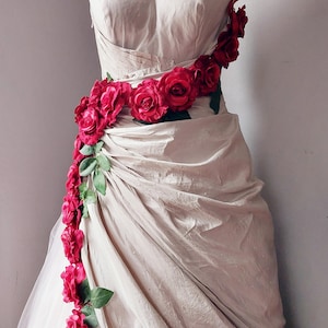 Handmade blood red rose 3d flower cottagecore core fairy wedding dress