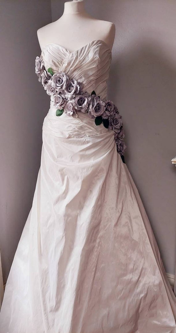 Vintage style handmade misty grey ash rose 3D flower fairy bridal wedding dress.