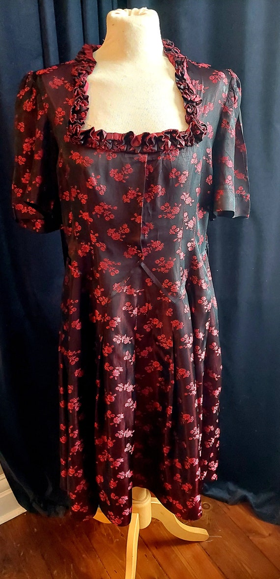 Vintage handmade 1950s black and red floral silk … - image 1