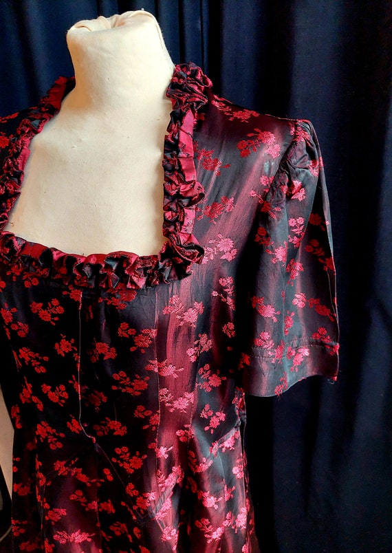 Vintage handmade 1950s black and red floral silk … - image 8