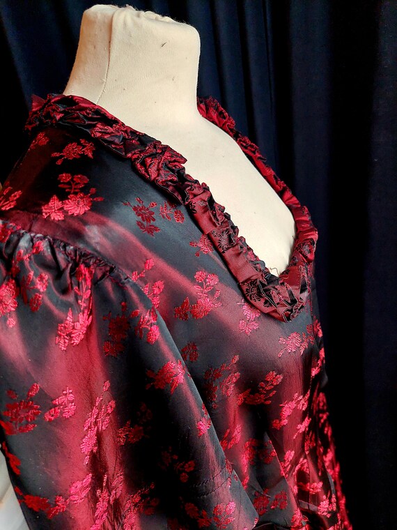Vintage handmade 1950s black and red floral silk … - image 6