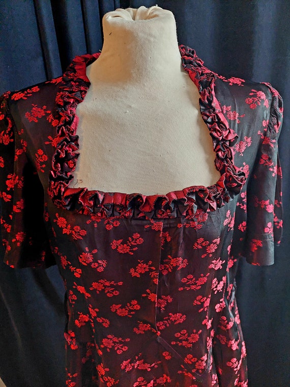 Vintage handmade 1950s black and red floral silk … - image 7
