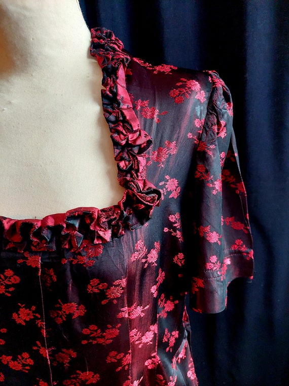 Vintage handmade 1950s black and red floral silk … - image 2