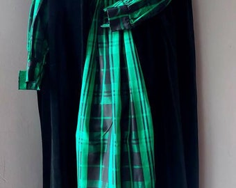 Vintage floor length green and black gothic steampunk outlander tartan dress and floor length black velvet cape combination outfit.