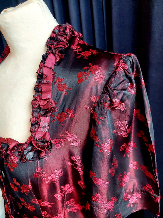 Vintage handmade 1950s black and red floral silk … - image 5