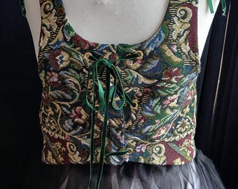 Handmade Bridgerton-style lace-up bodice with green velvet ribbon