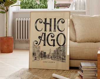 Vintage Chicago Skyline Art Print: Chicago Travel Poster (Digital Download)