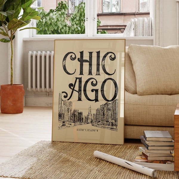 Chicago Wall Art Poster Vintage, Chicago Print, Chicago Poster, Chicago Art Print, Chicago Skyline, Chicago Travel, Chicago Picture Decor