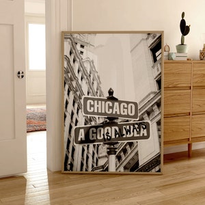 Stampabile da parete con cartello stradale vintage con sfondo di paesaggio urbano o edificio iconico a Chicago, stampabile per decorare il soggiorno o la camera da letto