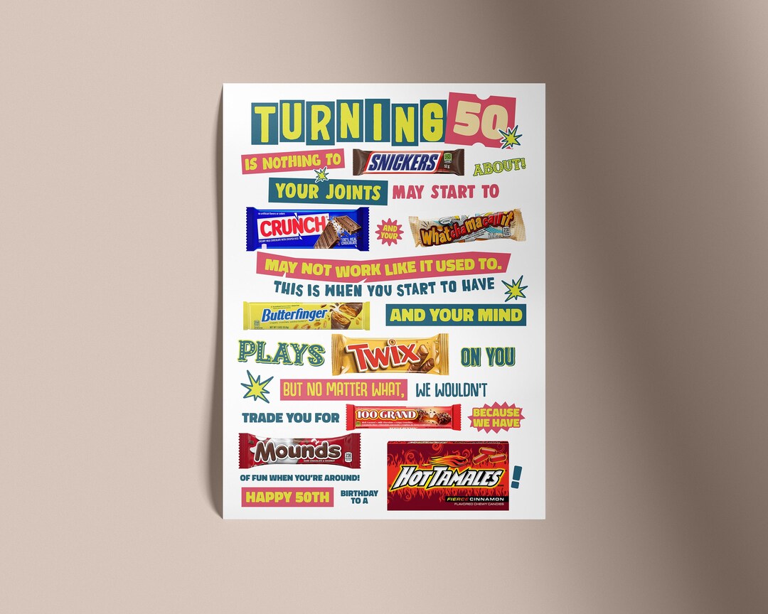 50 Birthday Candy Poster for Birthday Candy Sign Ideas Funny Etsy