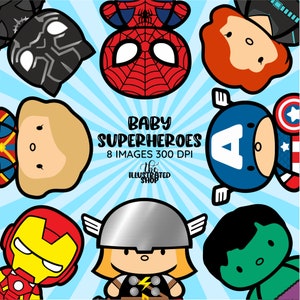 Baby Superhero Clipart Set – Cute Comic Heroes PNG for Kids Party, Nursery Wall Art, Digital Download