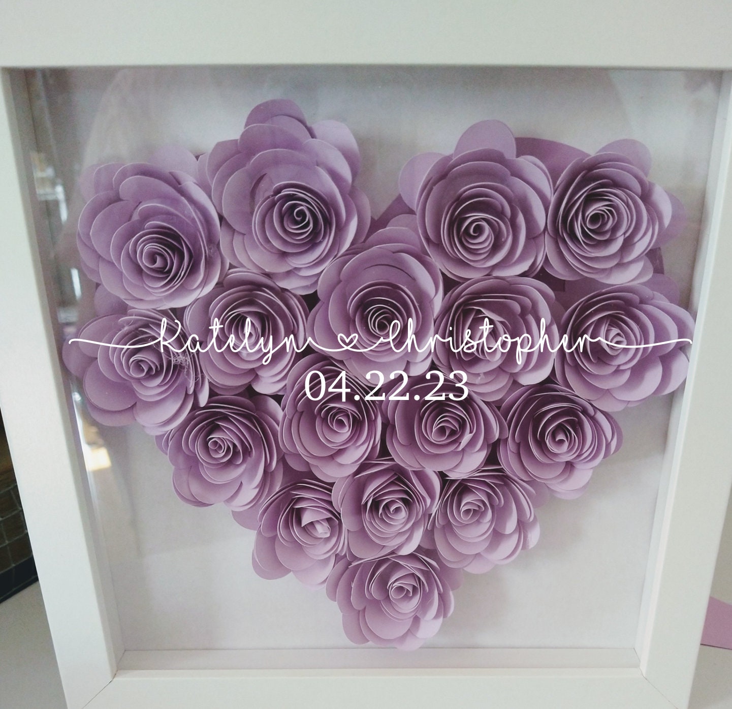 Heart Shaped Paper Flowers, Rolled Paper Flowers, Valentines Day Gift,  Wedding Flower Shadow Box, Girly Room Flower Frame, Floral Shadow Box 