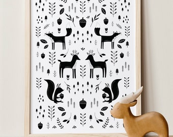 Scandi Folk Print | Black & White folk pattern | Nordic Print | Digital Print | Instant Download
