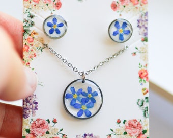 Stainless steel jewellery set, Cottagecore Jewelry, Blue flower earrings, Dainty flower necklace, Forget me not jewelry, Nature lover gift,