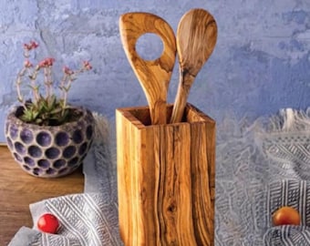 Olive wood utensil holder | Olive wood kitchen utensils | Wooden cooking utensils