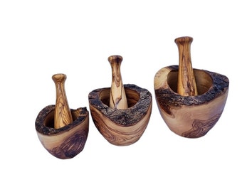 Mortier avec pilon rustique en bois d'olivier, diamètre sélectionnable, mortier de cuisine, mortier d'épices, fait main