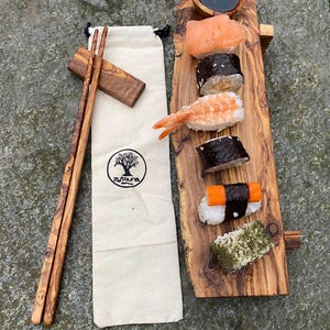 Sushi set rustic with chopsticks, chopstick holder and wasabi bowl/soy bowl 6 cm and sushi bench rustic /chopstick / Asian