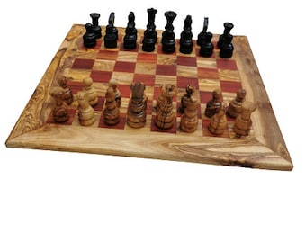 Jeu d'échecs rouge à bords droits, fait à la main en bois d'olivier, taille XL avec figurines, en bois d'olivier, idée cadeau, haute qualité