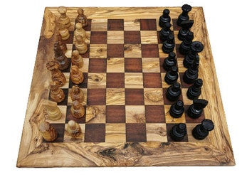 Jeu d'échecs marron avec bords droits, fait à la main en bois d'olivier, taille XL avec figurines, en bois d'olivier, idée cadeau, haute qualité