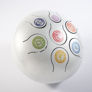 Musical Tongue Drum / Meditation drum white with Chakra Sign printed 8&quot;/10&quot;