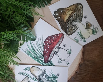 Trio met paddenstoelenaquarelprint