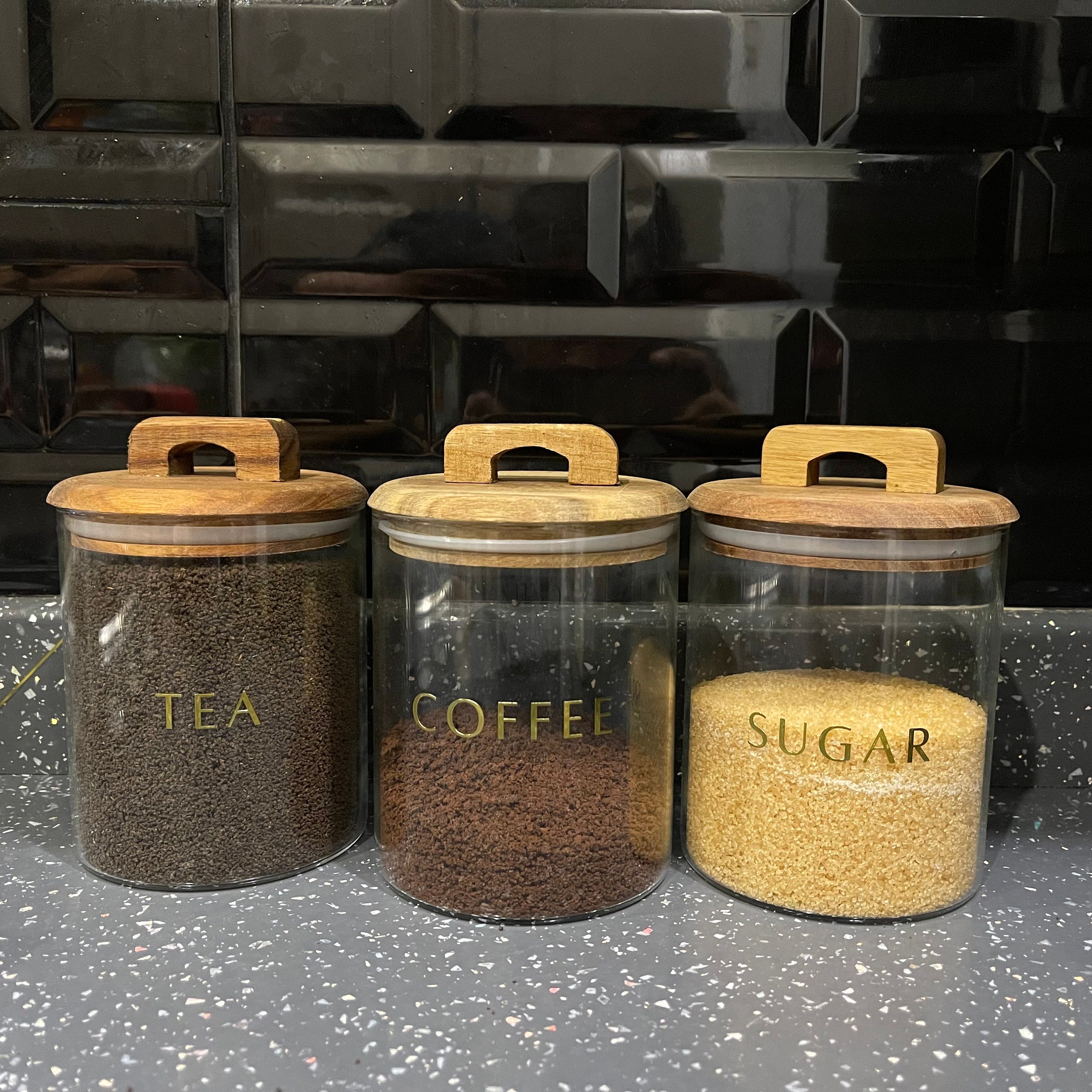 Set of 3 Glass Jars Tea Coffee Sugar Canisters Metal Gold Etsy UK