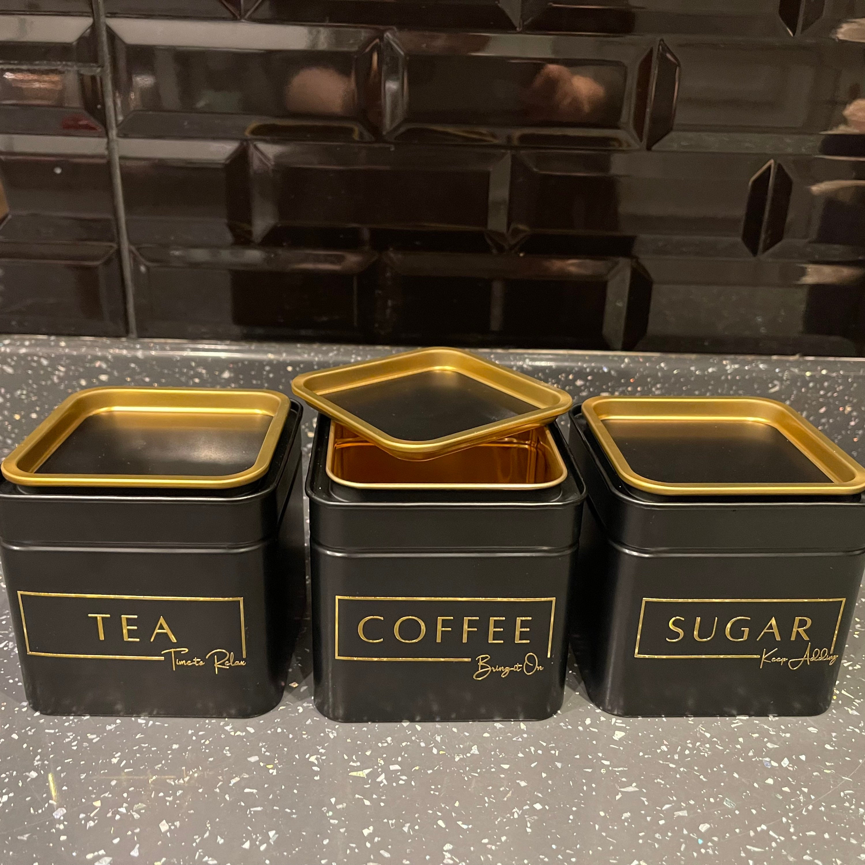 Black Stacking Tea Coffee Sugar Metal Canister Tins Set Gold Etsy UK
