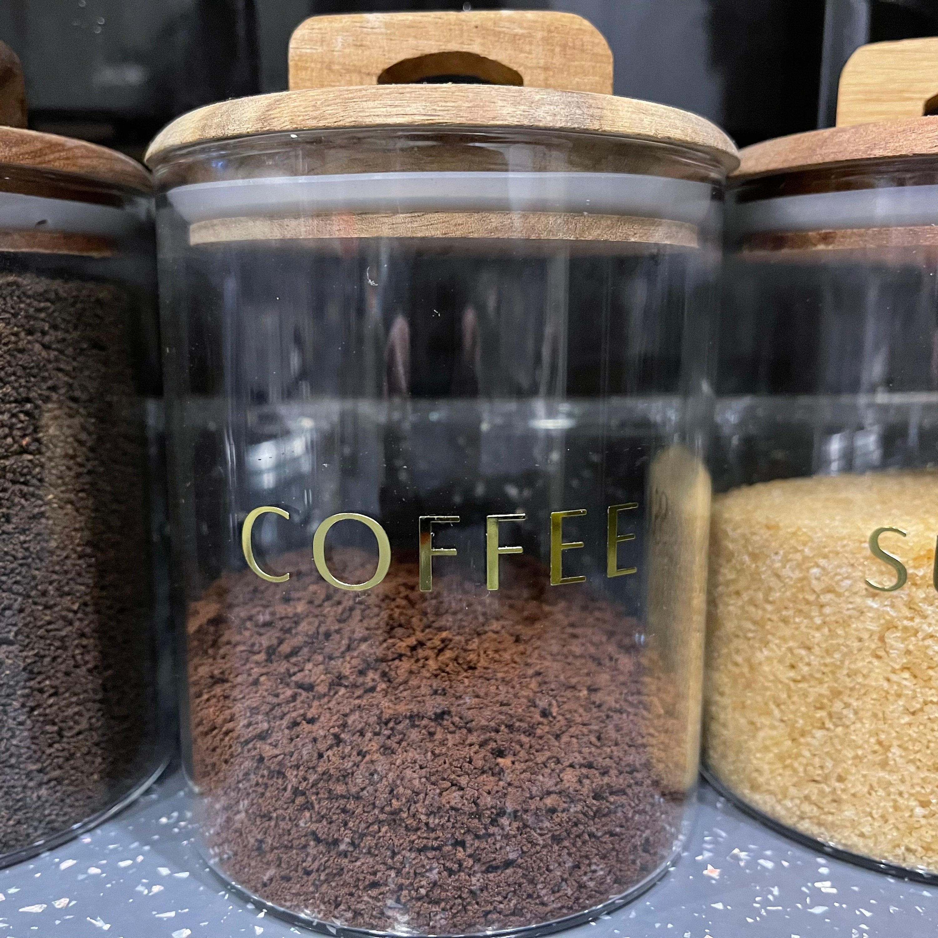 Set of 3 Glass Jars Tea Coffee Sugar Canisters Metal Gold Etsy UK