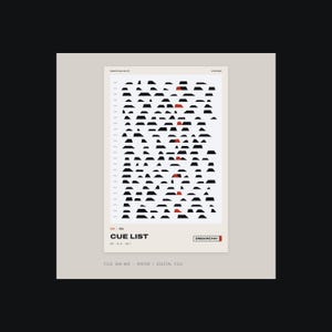 May include: A rectangular poster with a cream background featuring a grid of black and red geometric shapes. The text CUE LIST is printed at the bottom left, with DMSARCHIV in a box on the right. The layout includes small dashes along the left side.