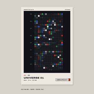 May include: A rectangular poster featuring a black grid filled with small, scattered red, blue, green, white, and grey squares. The text reads DMSARCHIV/S04-004-PRT, UNIVERSE 01, and DMSARCHIV. Numerical labels 001 through 449 appear on the left side.