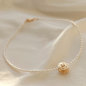 Fresh water pearl necklaces&bracelet | 14K Gold filled Camellia japonica| OT closure | Handmade | Girlfriend  bridesmaid Gift
