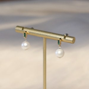 Handmade Delicate Emerald Stud Earrings Matching Natural Freshwater Round Pearls | gifts for girls
