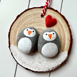 Pebble Penguin Pair/Couple Love Heart Christmas Ornament, Decoration, Xmas Tree Decoration