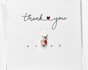 Handmade “Thank You” greetings card with real sea glass painted robin/bird, thank you card, personalised card