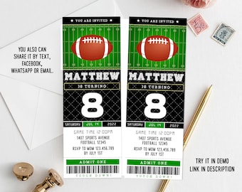 Puede incluir: Una invitación de cumpleaños de fútbol negro y verde para el octavo cumpleaños de Matthew. La invitación presenta un gráfico de fútbol y el texto "Matthew cumple 8 años". La fiesta es el sábado 14 de julio de 2022 a las 12:00 PM en 1407 Sports Avenue. RSVP a mamá antes del 1 de julio.