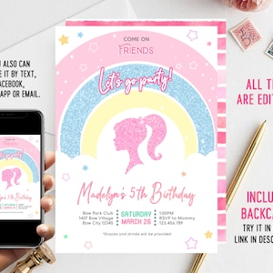 Digital Girl's Rainbow Birthday Party Invitation for Girl Template Printable Instant Download image 1