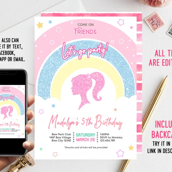 Digital Girl's Rainbow Birthday Party | Invitation for Girl Template Printable | Instant Download