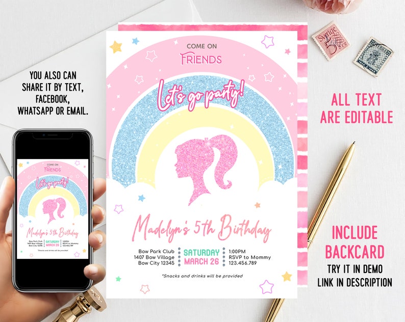 Digital Girl's Rainbow Birthday Party Invitation for Girl Template Printable Instant Download image 1