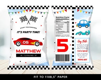 May include: A red and white chip bag with a racing car theme. The bag has a red race car with the number 05 on it and the text "Start your engines, it's party time!"  The bag is designed for a birthday party and says "Matthew is turning 5!"