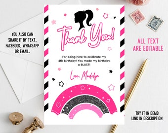 Digital Thank You Card 4x6" | Girl's Black and Pink Birthday | INSTANT DOWNLOAD